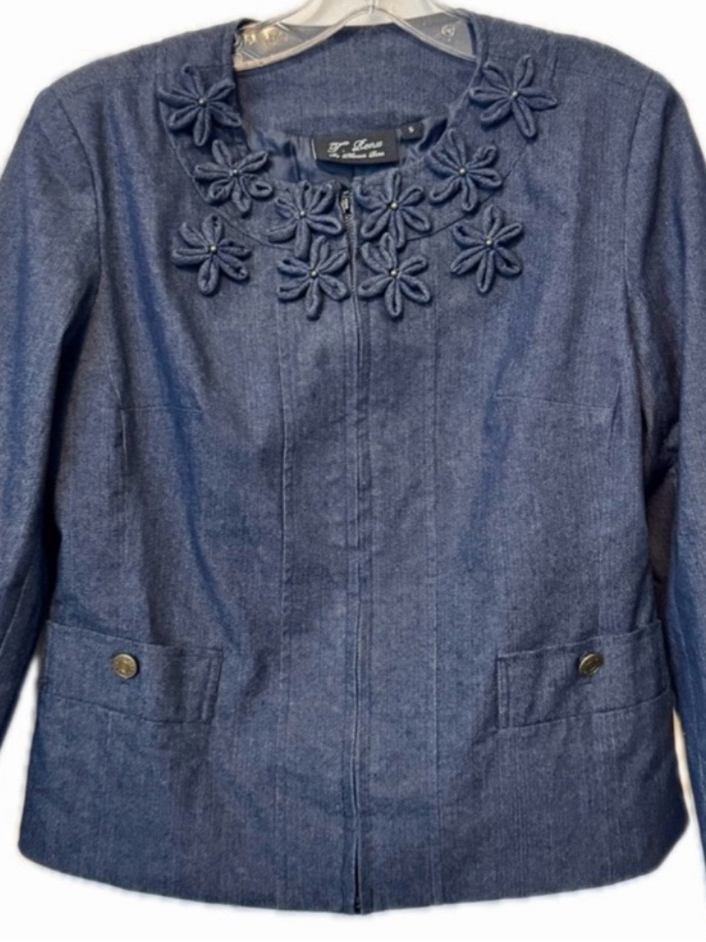 T. Renz Denim Jacket Floral Appliqué Embroidered Blue Jacket Size S
